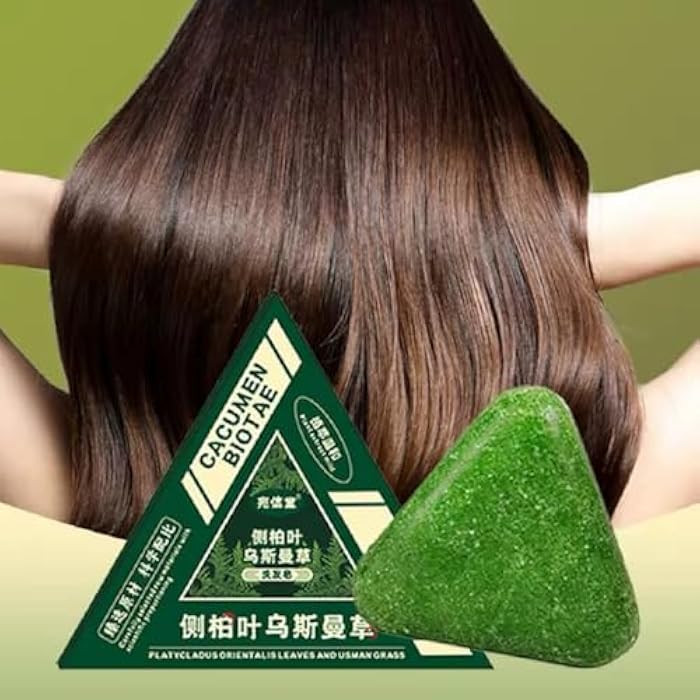 Cacumen Biotae Thuja Leaf and Usman Grass Shampoo Bar, Natural Herbal Formula, Green Triangle Shape - Image 3